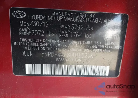 2013 Hyundai Elantra Gls from USA, damaged, VIN 5NPDH4AE8DH185208
